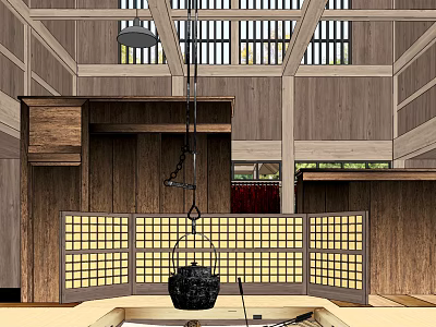 Traditional Japanese Tea Set in Wooden Interior with Lattice Windows and Hanging Teapot 3d model