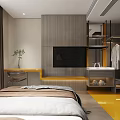 Modern Hotel Room Interior With Comfortable Bed Decorative Paintings And Wooden Accents