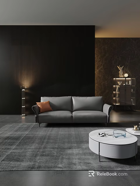 Grey Two Seater Sofa With Orange Cushion White Round Coffee Table Floor Lamp And Rug 3d model 