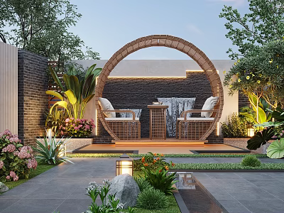 Courtyard Garden With Circular Wicker Arch Wicker Seating And Table Lush Greenery And Colorful Flowers 3d model