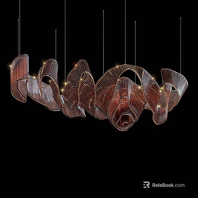 Modern Artistic Chandelier with Curved Metallic Structure and Warm Illumination for Contemporary Interior Spaces 3d model 