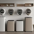 Wall mounted and freestanding washing machines in neutral colors with storage shelves for laundry room