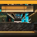 Modern Japanese Restaurant Interior With Stylish Blue Lighting And Wooden Dining Tables