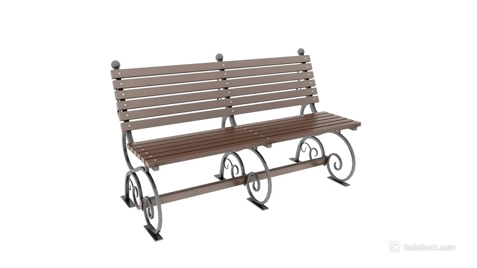 Outdoor Bench Featuring Wooden Slats Metal Frame Decorative Curved Legs And Spherical Finials 3d model 