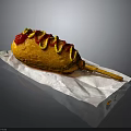Crispy Corn Dog With Ketchup Mustard Topping On Wooden Stick Served On White Napkin
