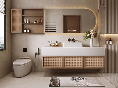 Modern Bathroom Interior With Oval Mirror Rattan Cabinets And Wall Mounted Vanity 3d model
