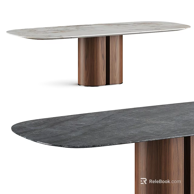 Modern Dining Table With Light And Dark Stone Tops And Wooden Cylindrical Legs 3d model 