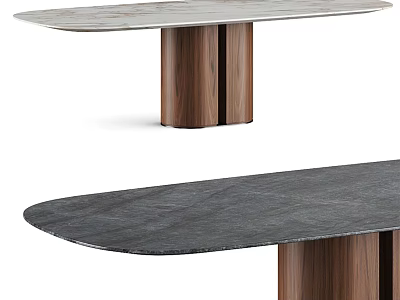 Modern Dining Table With Light And Dark Stone Tops And Wooden Cylindrical Legs 3d model