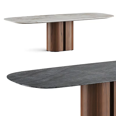 Modern Dining Table With Light And Dark Stone Tops And Wooden Cylindrical Legs 3d model