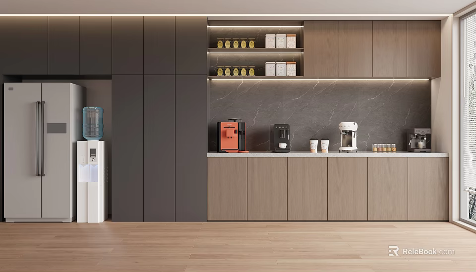 Modern Break Room Interior With Cabinets Coffee Machine And Storage Shelves 3d model 