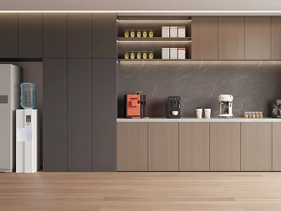 Modern Break Room Interior With Cabinets Coffee Machine And Storage Shelves 3d model