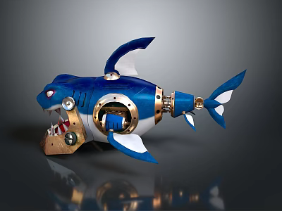 Blue And White Mechanical Shark Figure With Metal Gears And Red Eyes Design 3d model