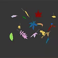 Falling Plant Leaves In Various Colors With Reflections On Dark Surface 3d model