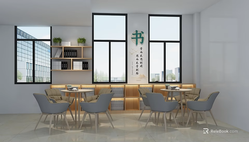 Cozy Reading Space Interior With Large Windows Bookshelves Tables Chairs And Calligraphy Art 3d model 
