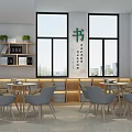 Cozy Reading Space Interior With Large Windows Bookshelves Tables Chairs And Calligraphy Art