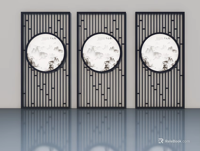 Chinese Style Panel Doors with Round Decorative Panels and Lattice Patterns 3d model
