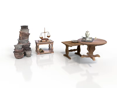Vintage Furniture Collection With Round Wooden Table Small Table Pottery Jars Scale And Tea Set 3d model