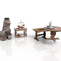 Vintage Furniture Collection With Round Wooden Table Small Table Pottery Jars Scale And Tea Set