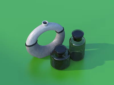 Household Decorative Items With Gray Circular Container And Black Lidded Bottles 3d model