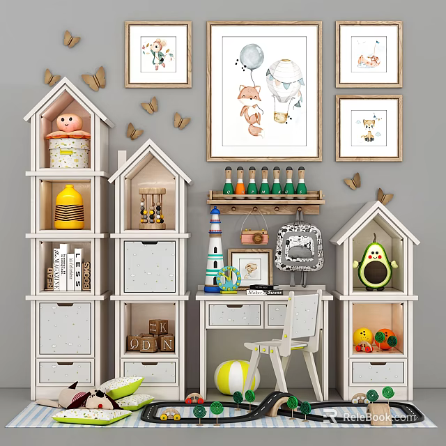 Cute Dolls In House Shaped Storage Cabinets With Decorative Paintings And Butterfly Stickers 3d model 