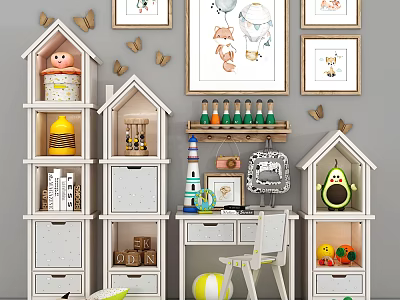 Cute Dolls In House Shaped Storage Cabinets With Decorative Paintings And Butterfly Stickers 3d model