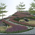 Garden Landscape Featuring Winding Stone Path Various Colored Flowers Green Grasses Tall Trees And Rocks