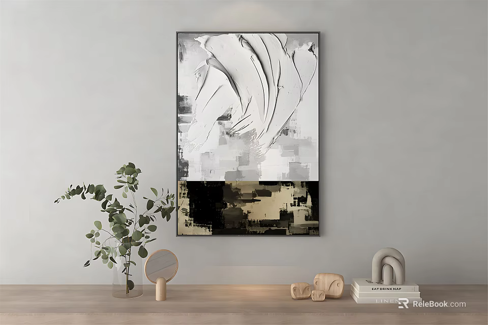 Abstract Black White Gold Painting With Green Plant And Decorative Items On Wooden Table 3d model 