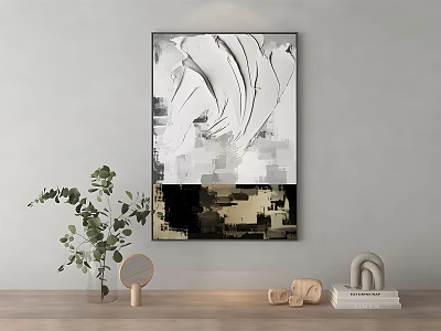 Abstract Black White Gold Painting With Green Plant And Decorative Items On Wooden Table 3d model