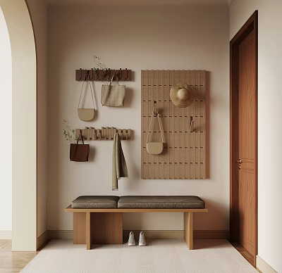 Wooden Wall Mounted Clothes Rack With Hooks Hats Bags And Bench In Entryway Interior 3d model