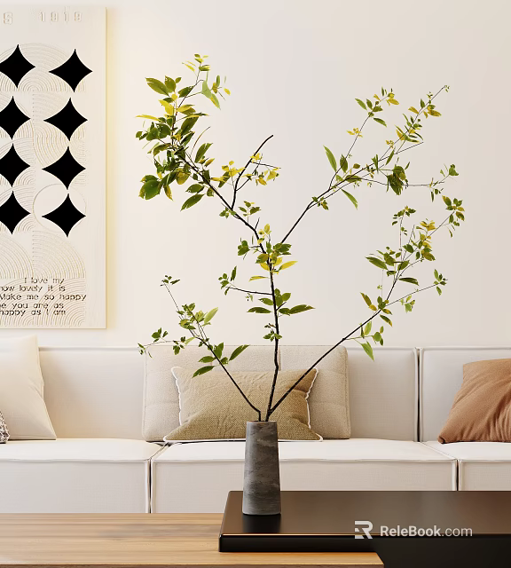 Modern Living Room Interior With Gray Vase Holding Leafy Green Branches And Decorative Wall Art 3d model 