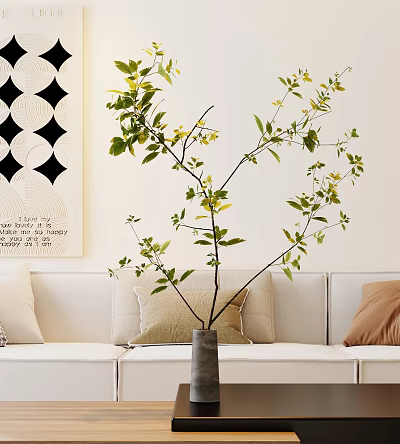 Modern Living Room Interior With Gray Vase Holding Leafy Green Branches And Decorative Wall Art 3d model
