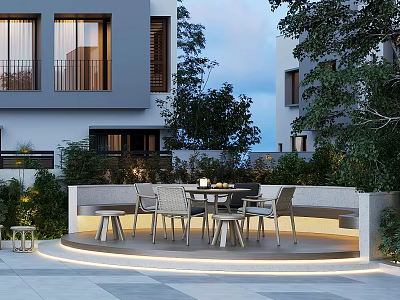 Modern Evening Garden With Circular Seating Area Paved Flooring Table Chairs Green Plants And Lighting 3d model