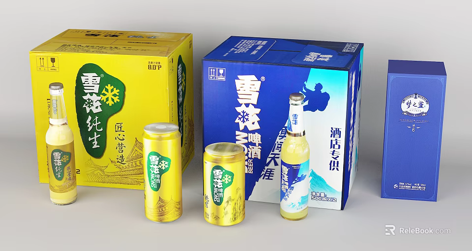 Display of Snow Beer Pure Draft with Yellow Blue Boxes Cans and Bottles 3d model 