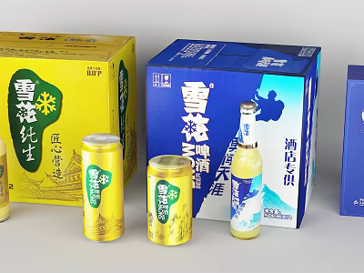 Display of Snow Beer Pure Draft with Yellow Blue Boxes Cans and Bottles 3d model