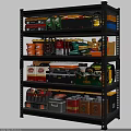 Multi Tier Storage Shelf With Organized Tools Metal Containers And Colored Plastic Boxes 3d model