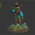 Anthropomorphic Frog Character Wearing Wizard Hat Blue Coat Brown Pants Waving Hand On Rocky Base