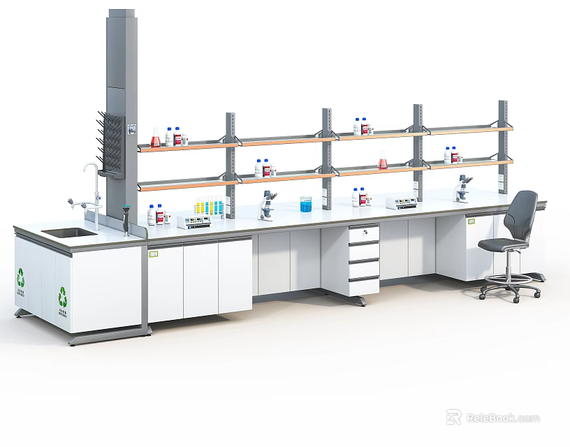 Modern Laboratory Interior With Lab Bench Shelves Cabinets And Scientific Equipment 3d model 