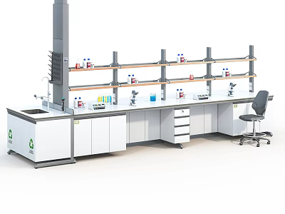 Modern Laboratory Interior With Lab Bench Shelves Cabinets And Scientific Equipment 3d model