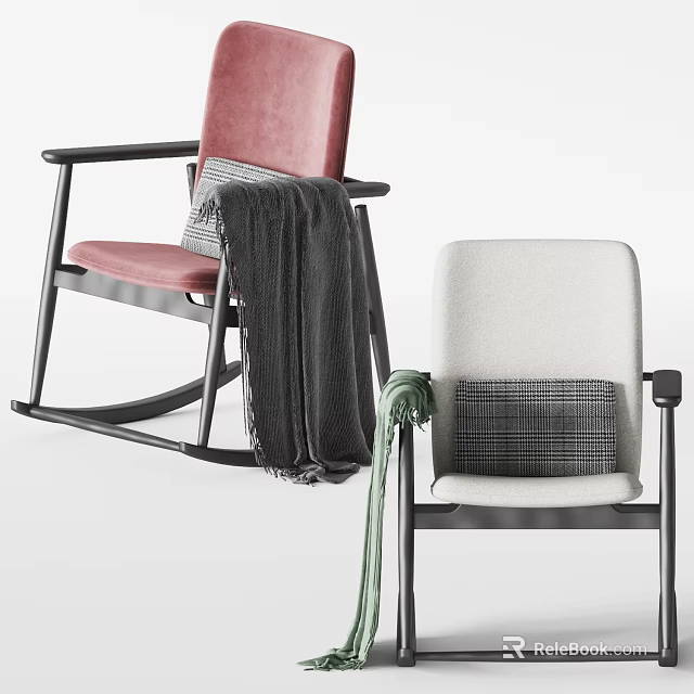 Pink Rocking Accent Chair With Gray Blanket And White Accent Chair With Plaid Cushion 3d model 