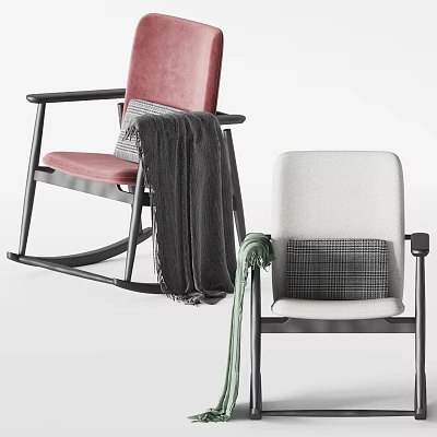 Pink Rocking Accent Chair With Gray Blanket And White Accent Chair With Plaid Cushion 3d model