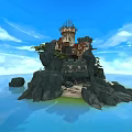 Cartoon Scene of Rocky Island With Wooden Tower Trees Cabin Wooden Dock And Water