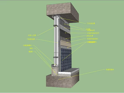 Building Component Cross Section With Stone Panel Insulation Layer Keel Structure And Glass Facade 3d model