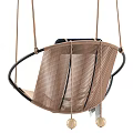 Woven Hanging Leisure Chair With Black Frame Cushion Gray Towel And Wooden Ball