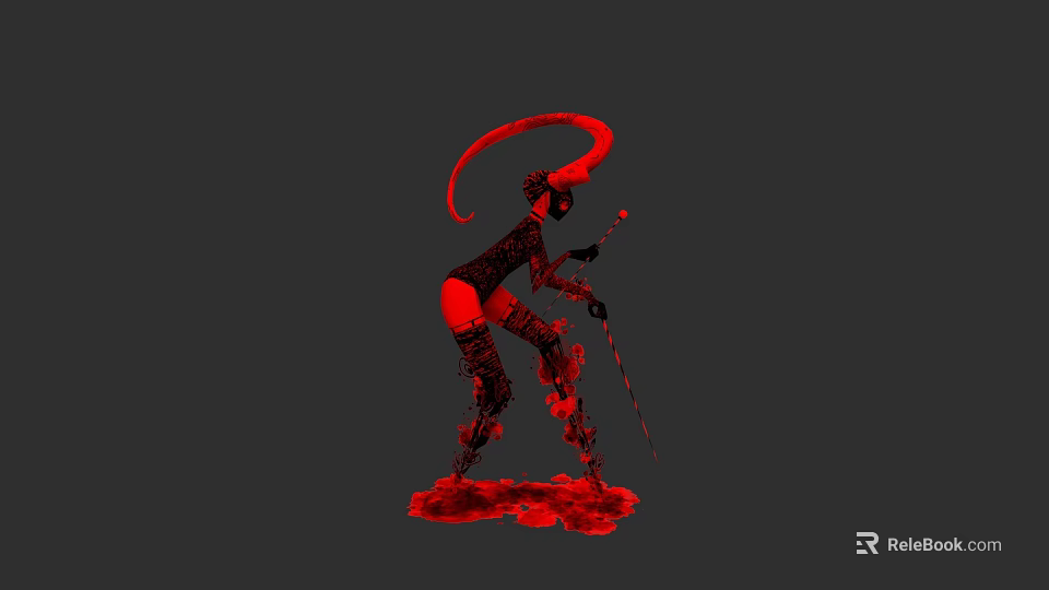 Red Horned Tailed Woman Standing With Weapon In Silhouette On Red Base And Gray Background 3d model 