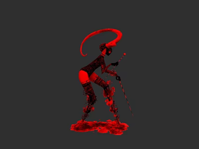 Red Horned Tailed Woman Standing With Weapon In Silhouette On Red Base And Gray Background 3d model