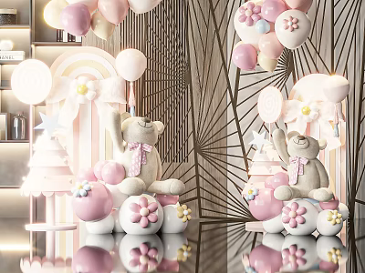 Pink Inflatable Bear Decorations With Flower Ornaments And Balloon Accents 3d model