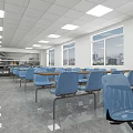 Spacious School Cafeteria With Blue Chairs White Ceiling And Large Windows 3d model