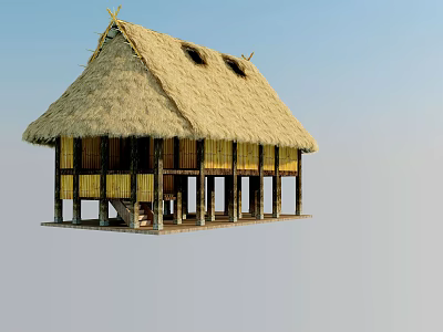 Traditional Thatched House with Straw Roof and Wooden Pillars in Rural Setting 3d model