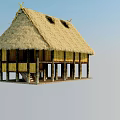 Traditional Thatched House with Straw Roof and Wooden Pillars in Rural Setting