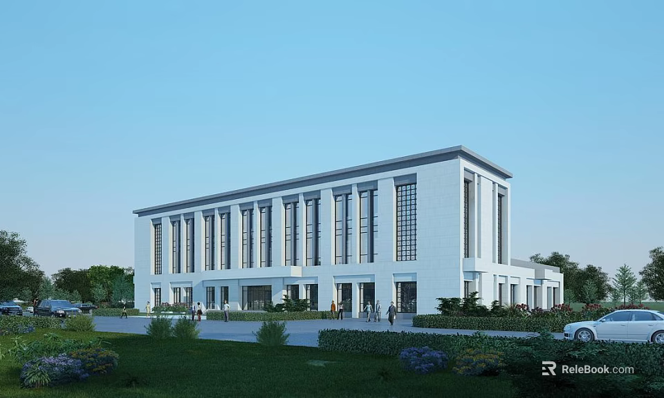 Modern White Office Building With Large Windows And Front Lawn Greenery Near Road Entrance 3d model 